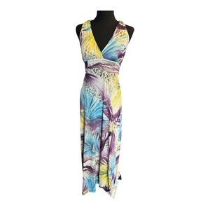 Kisses & Hugs Women Tropical Metallic Multicolor Sleeveless Maxi Dress Size Lg
